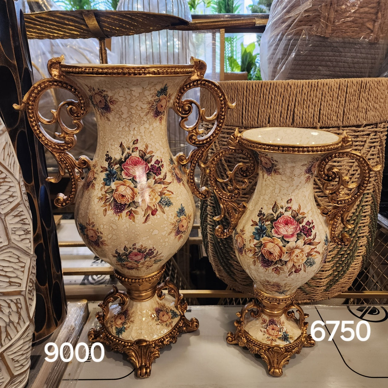 Baroque-style floral ceramic vases