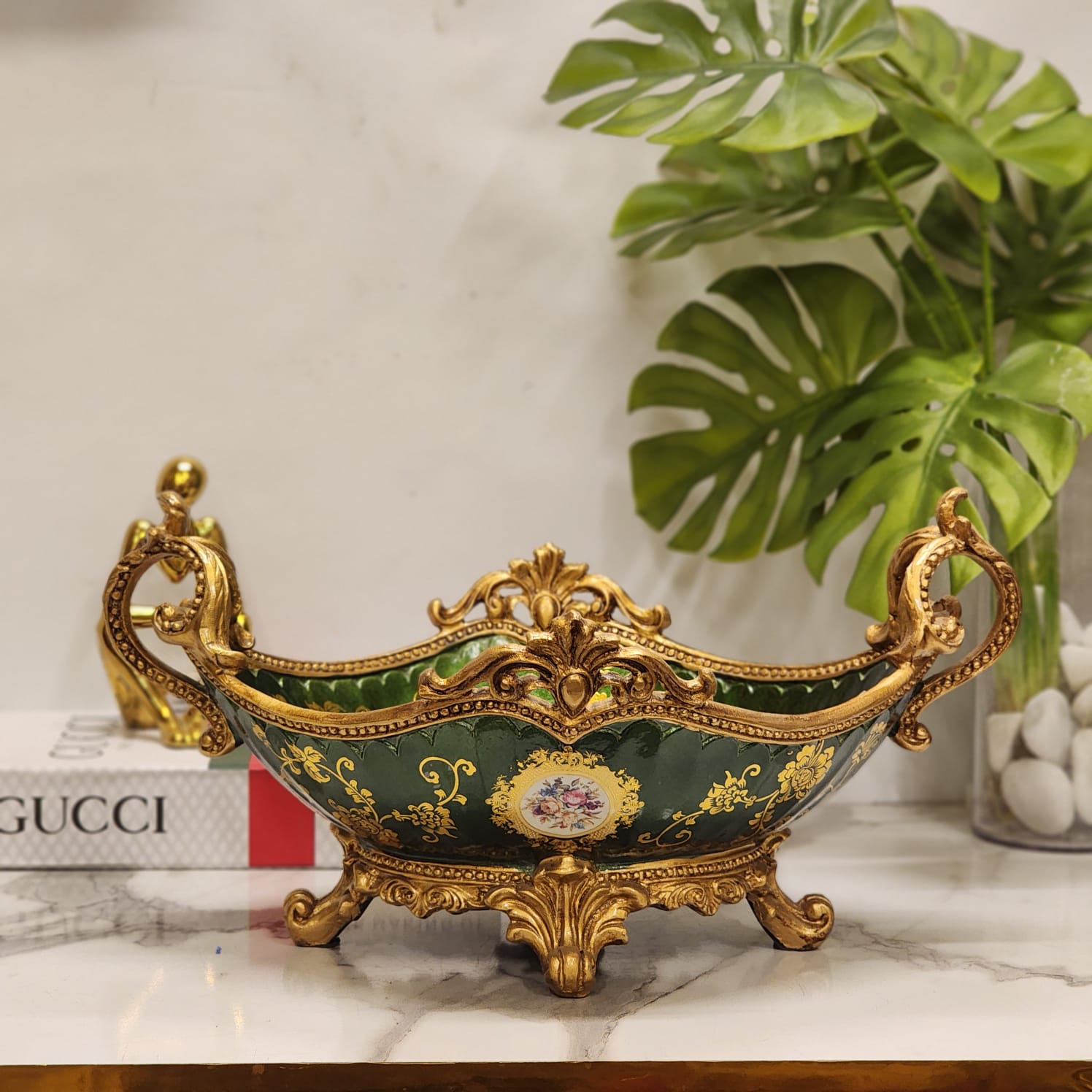 Vintage Victorian-Style Brass and Porcelain Centerpiece Bowl