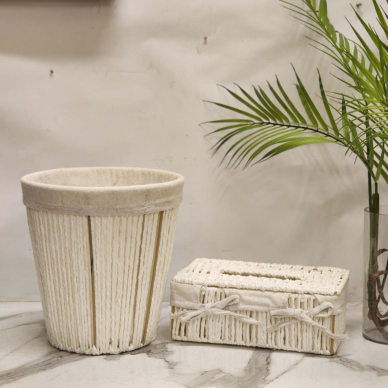 Handwoven Jute & Seagrass Trash Can and Tissue Box Cover Set