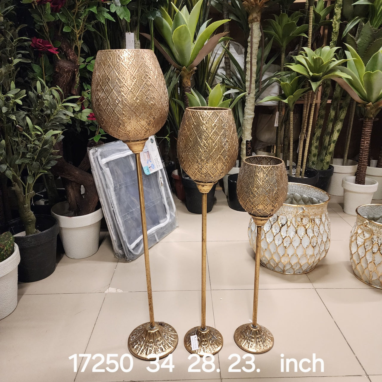 Gold Etched Metal Floor Candle Holders set of 3