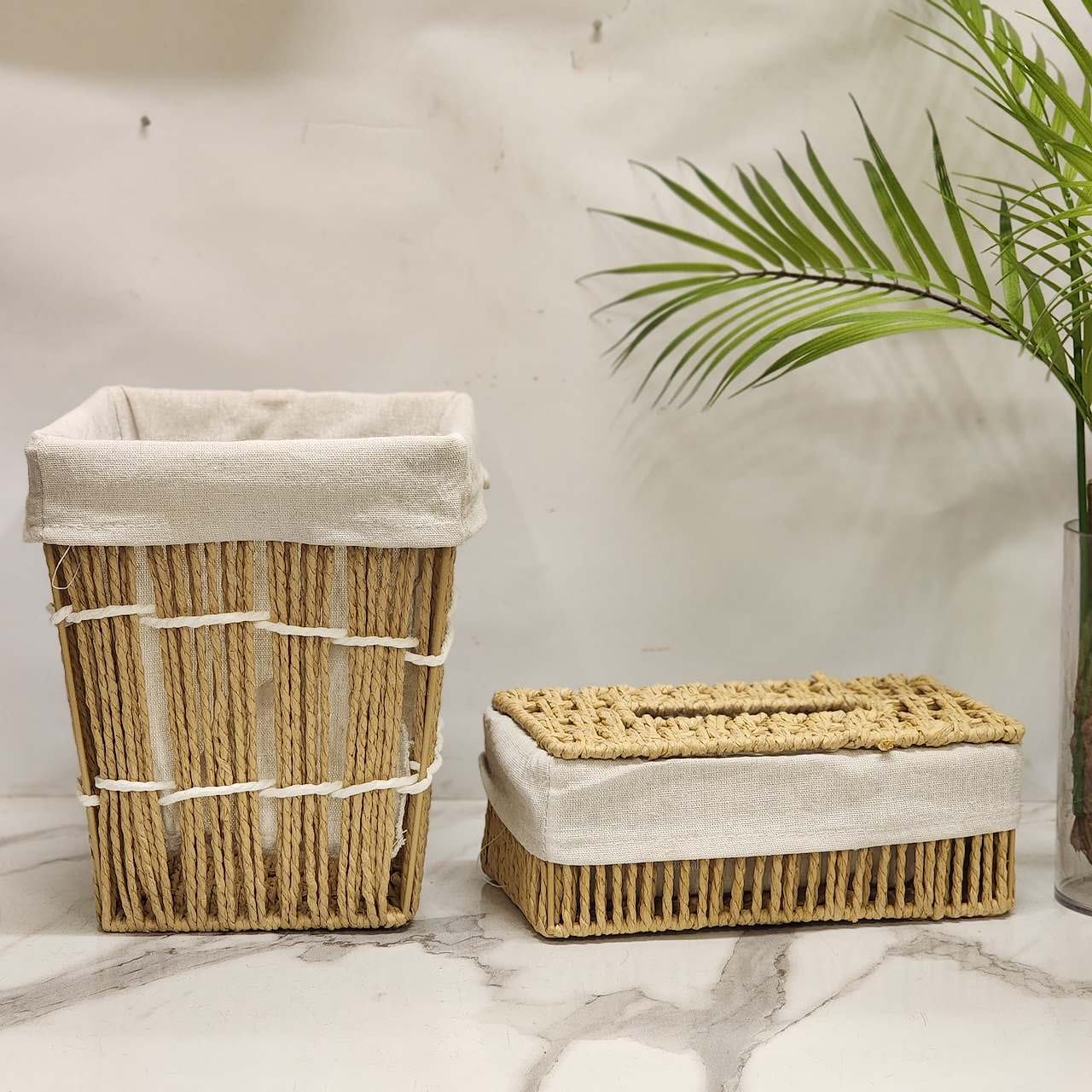 Handwoven Jute & Seagrass Trash Can and Tissue Box Cover Set