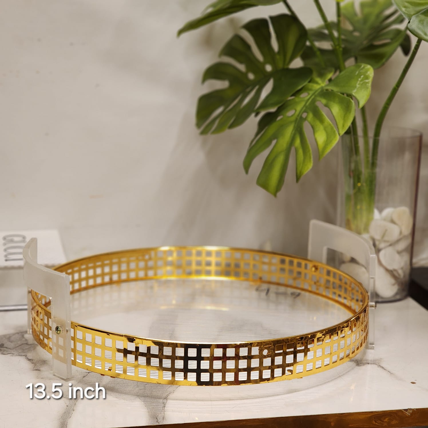 Round Acrylic Vanity Tray with Gold Lattice Rim and Handles