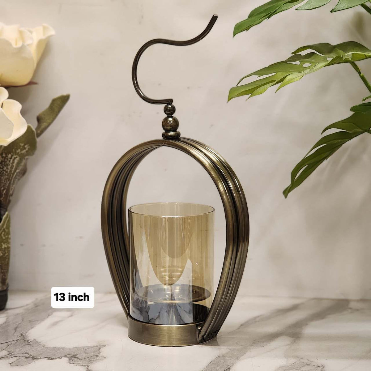 Modern Curved Metal Candle Stand with Amber Glass Hurricane