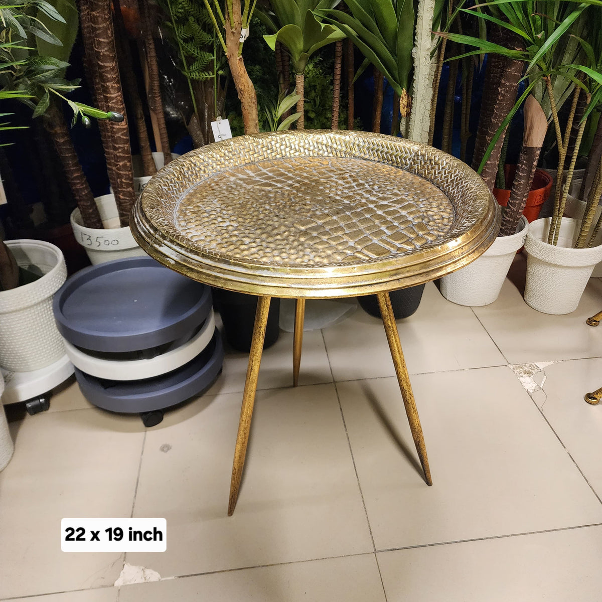 hammered brass tray top accent table