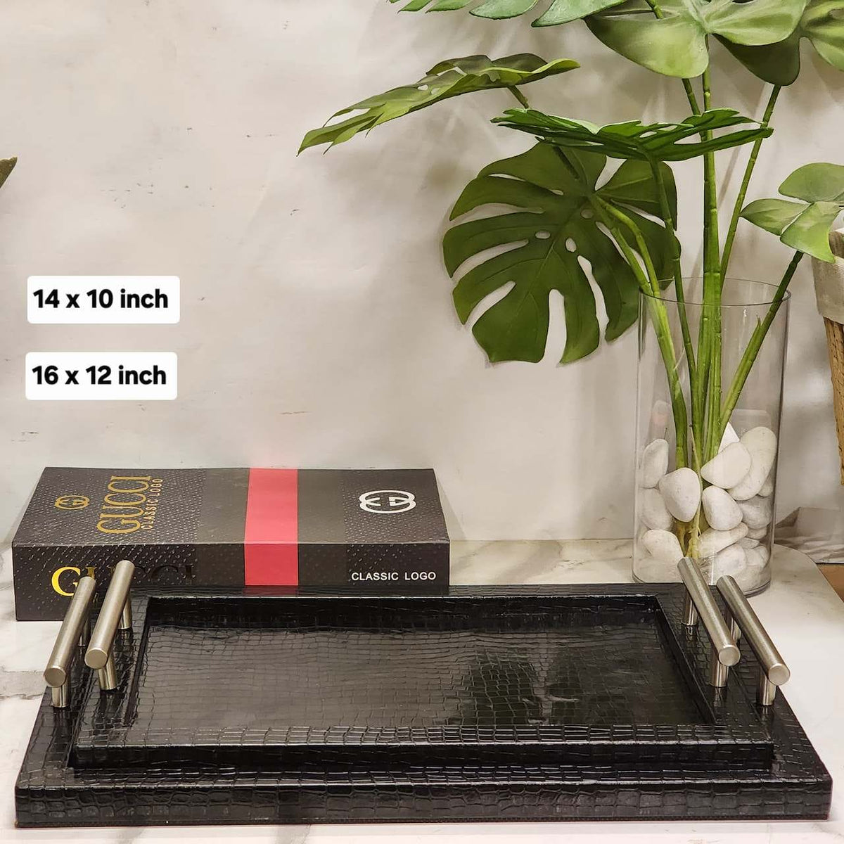 Black Leatherette Serving Tray with Metal Handles