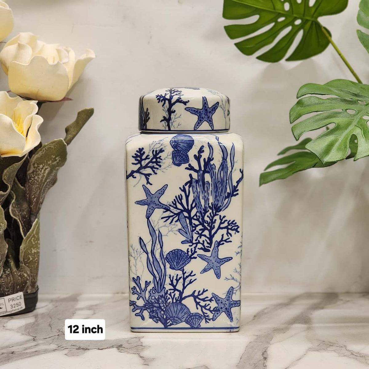 Blue and White Coral Coastal Ceramic Temple Jar
