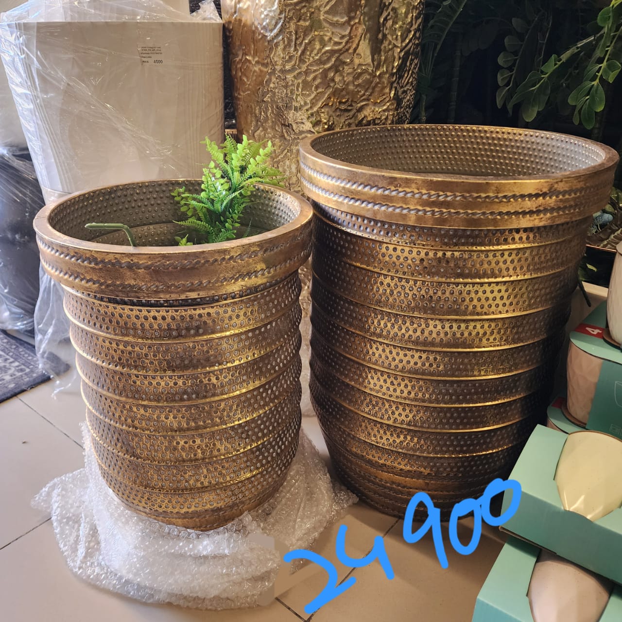 textured metal cylinder planters set