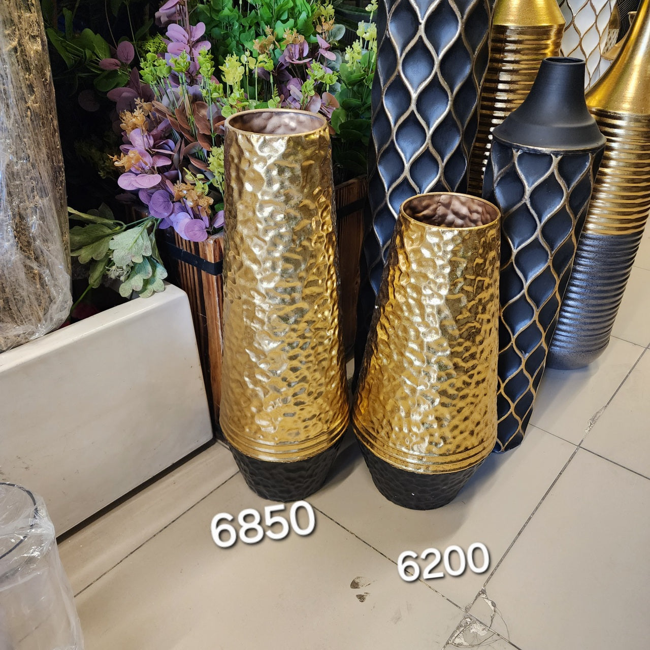 Hammered Gold and Black Tapered Floor Vases
