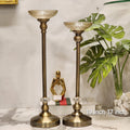 Aura Antique Brass & Textured Glass Pillar Candle Stand Set