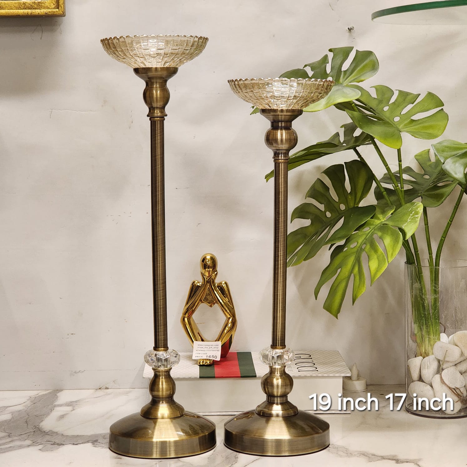 Aura Antique Brass & Textured Glass Pillar Candle Stand Set