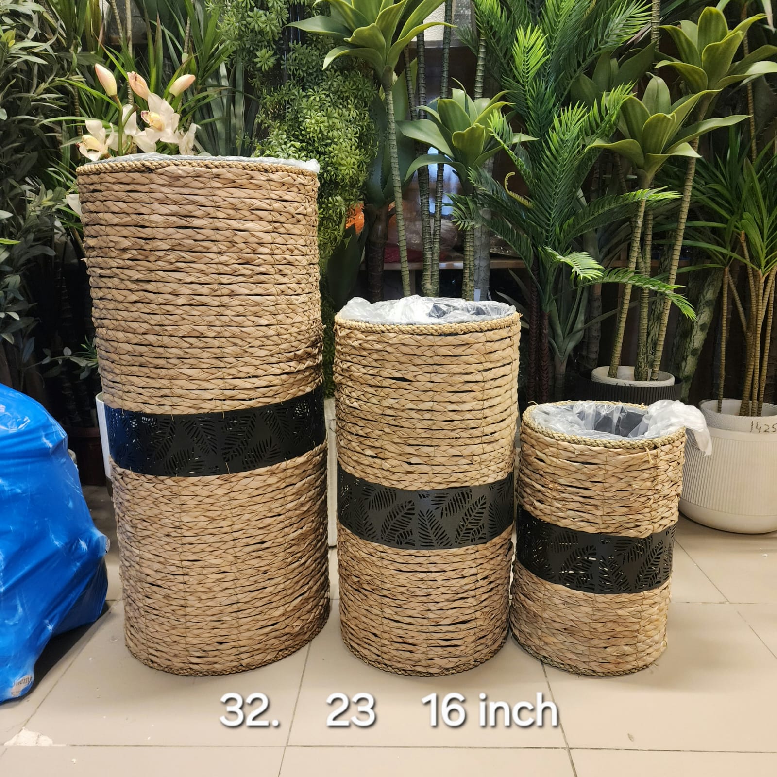 Premium Woven Seagrass Floor Planters with Cutout Metal Detail