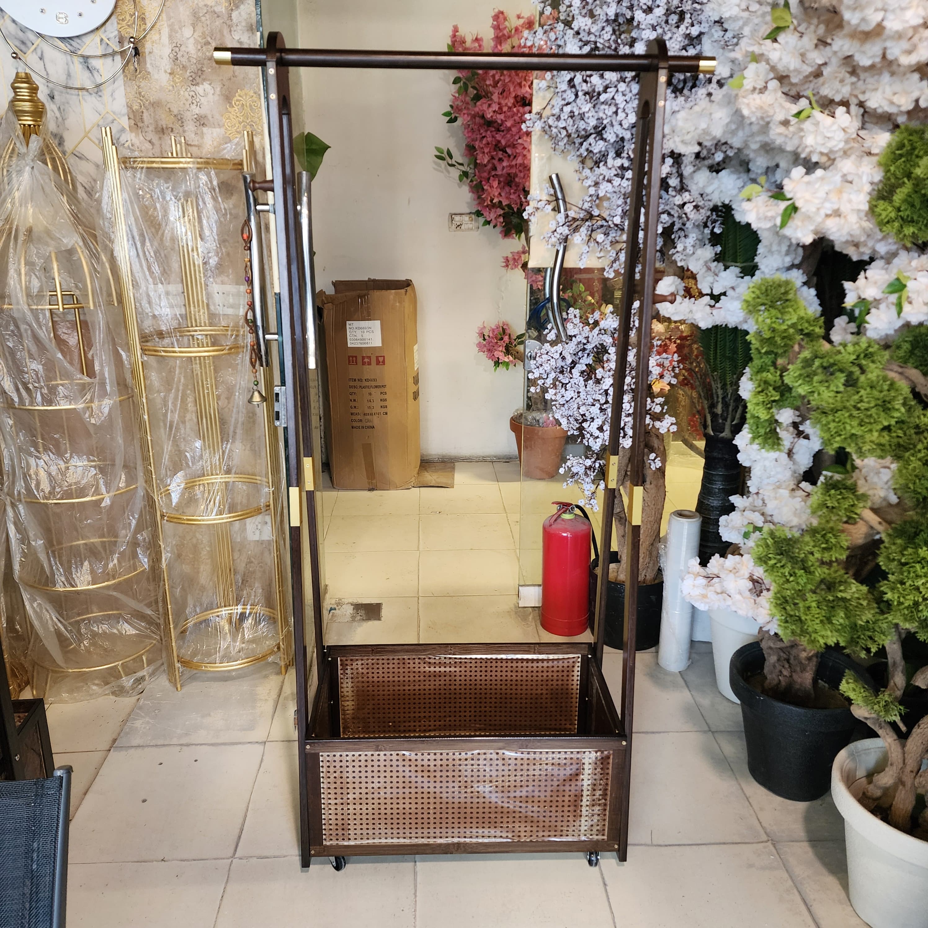 Standing Full-Length Mirror Coat Rack with Rattan Storage Bin