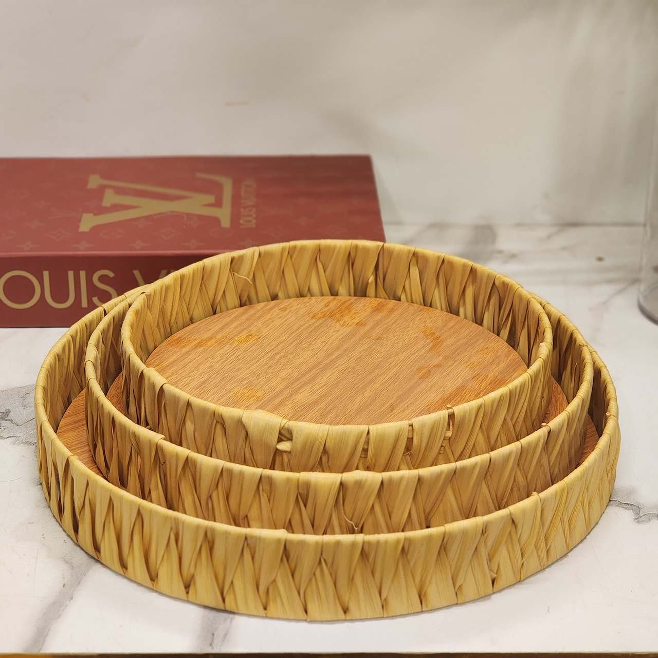 Natural Woven Round Serving Baskets & Tray Set