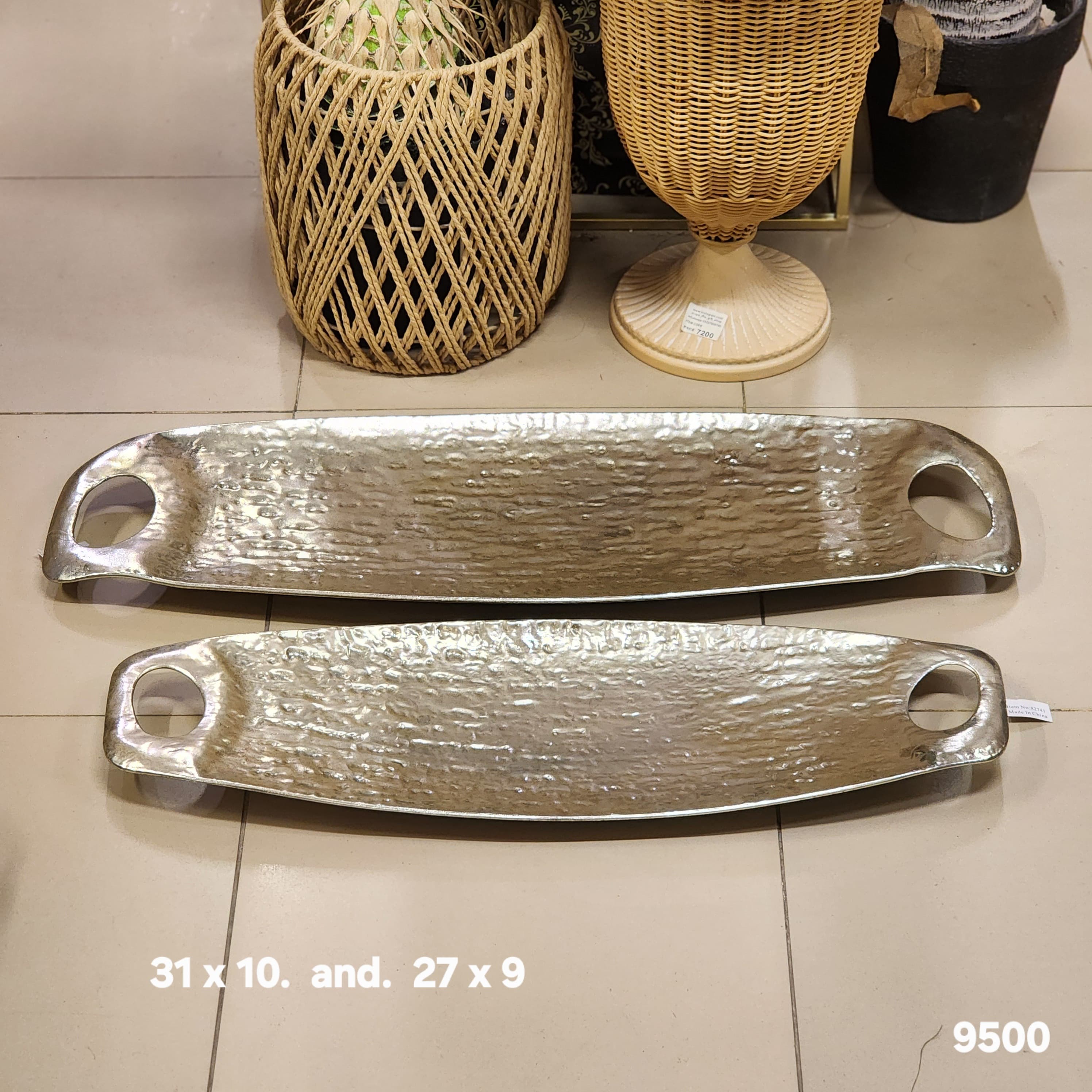 Set of 2 Hammered Metal Oblong Serving Trays with Handles