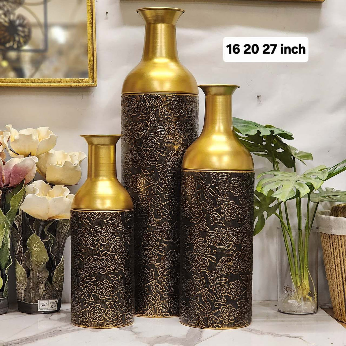 embossed dual-tone metal bottle vases