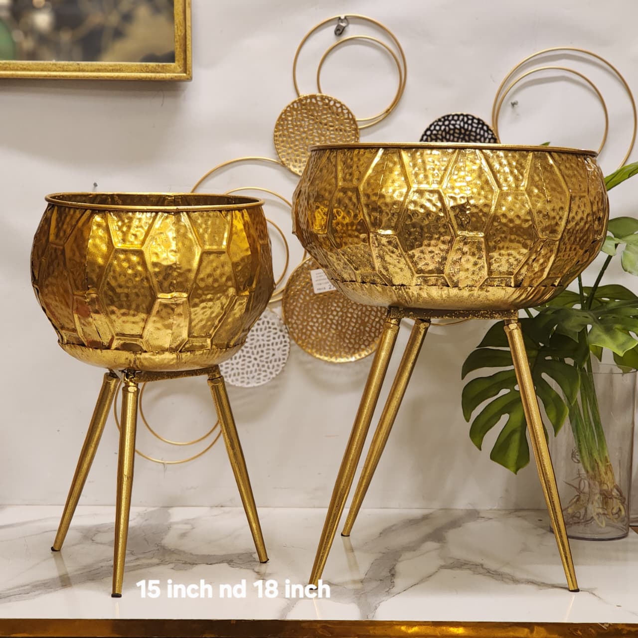 Gold Hammered Metal Tripod Planters