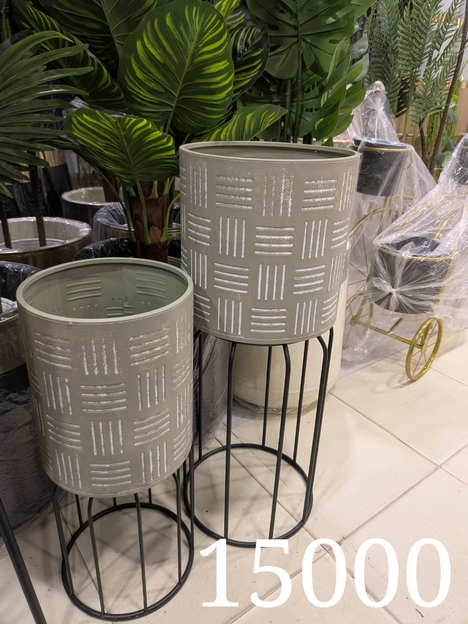 Embossed Geometric Metal Planters with wire pedestal stands
