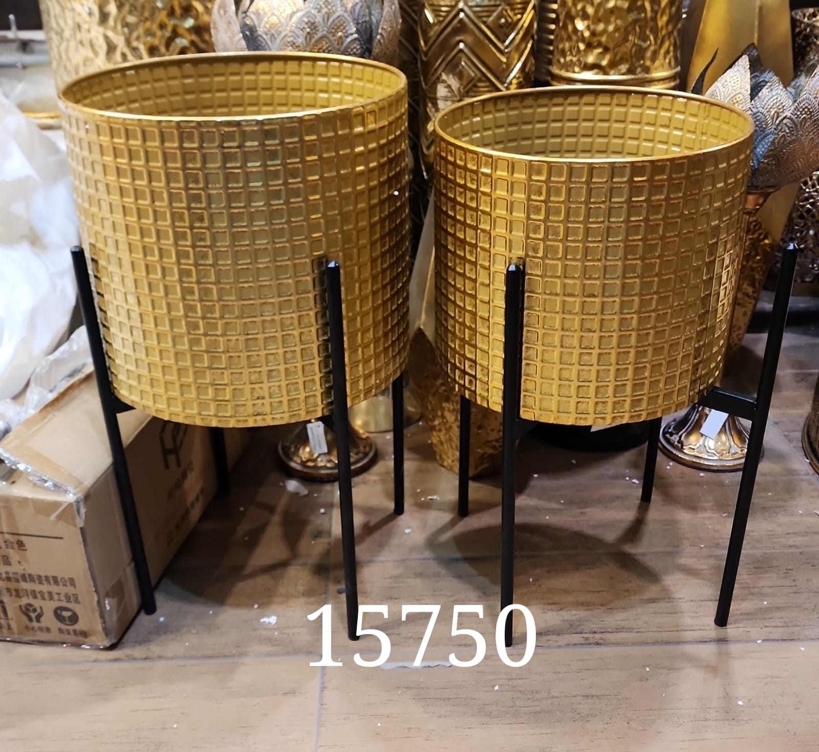 Gold Grid Pattern Metal Planters with Stands