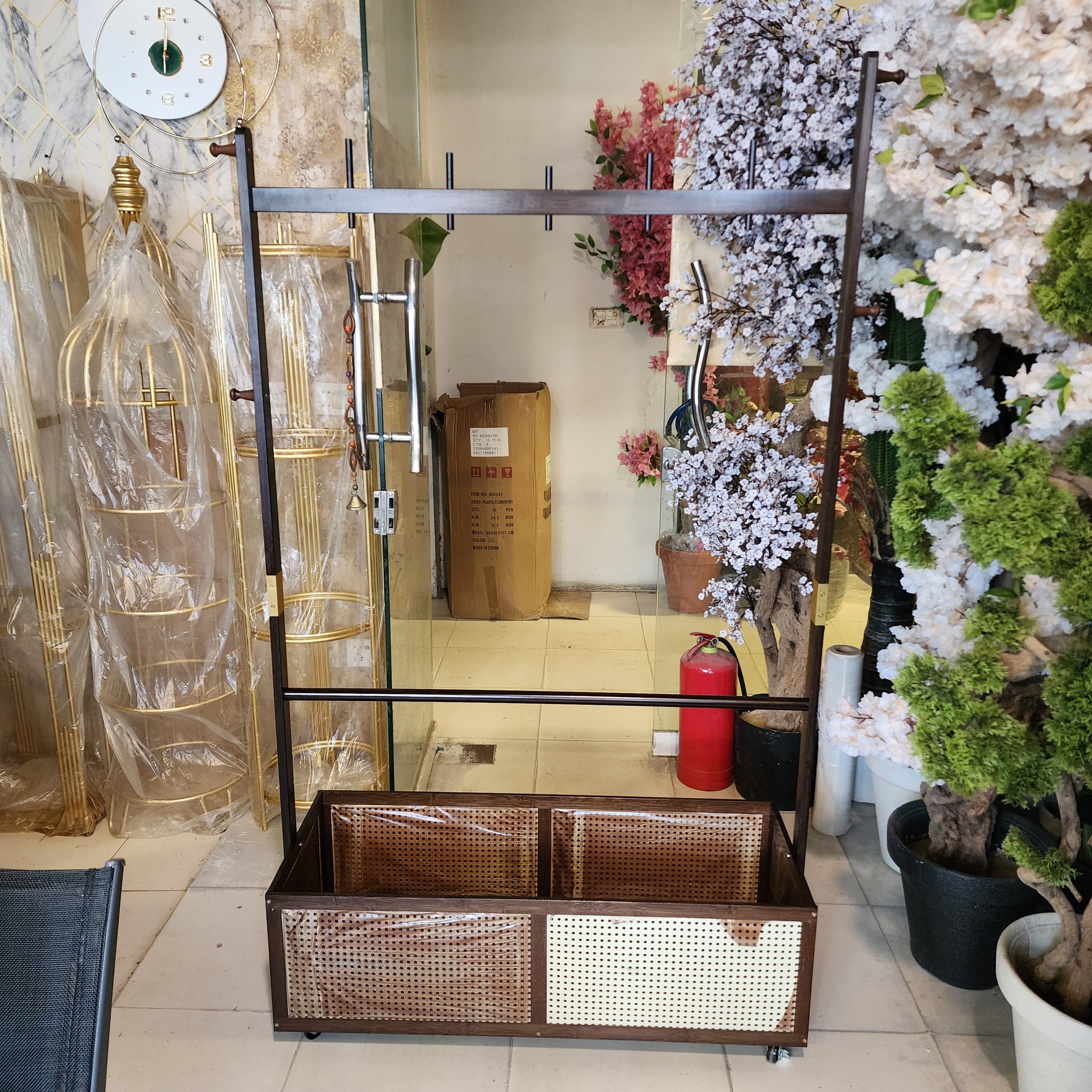 Standing Full-Length Mirror Coat Rack with Rattan Storage Bin