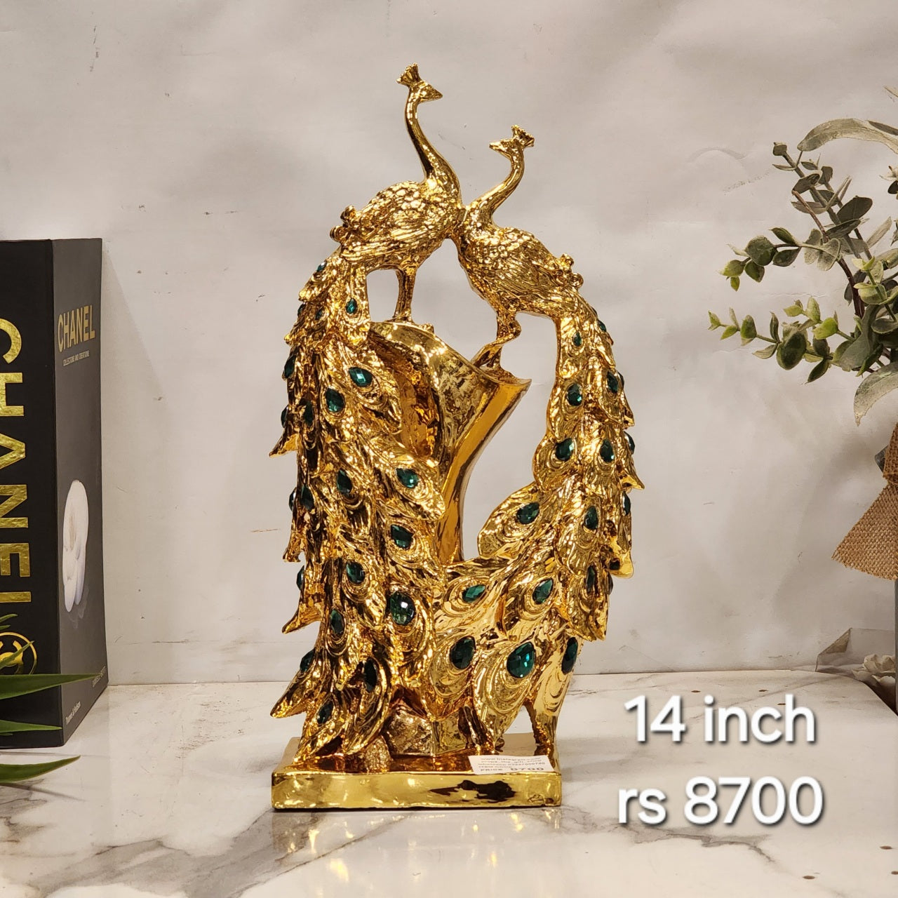 Golden Double Peacock Statue or a Twin Peacock Showpiece