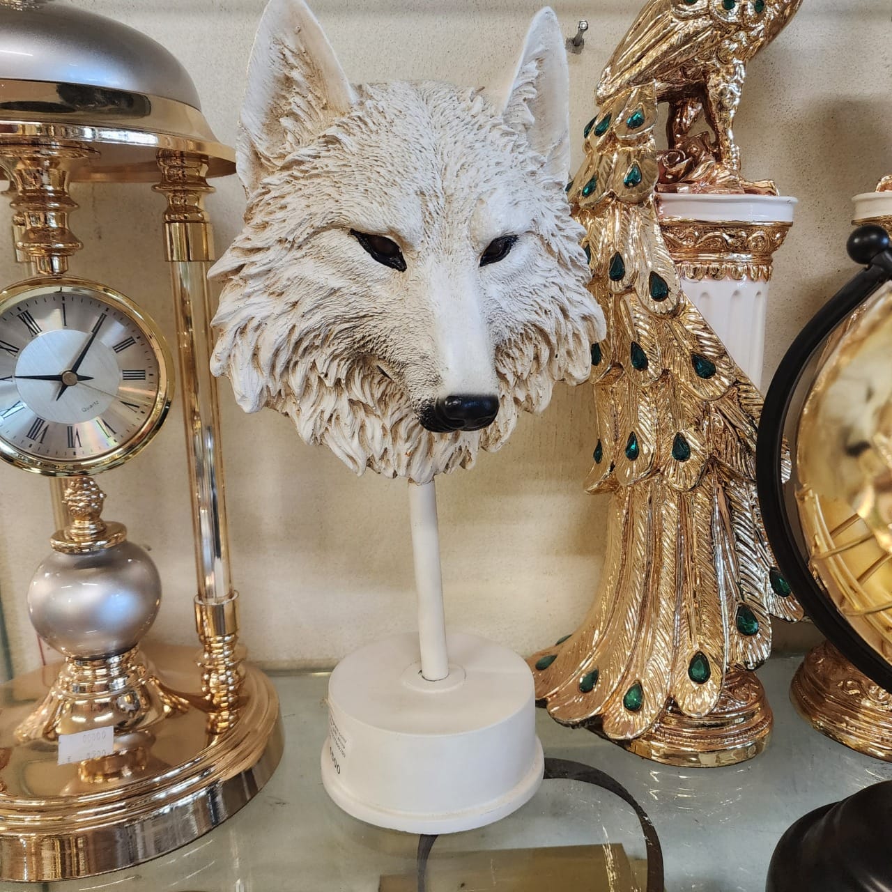 Faux-Textured Wolf Head Bust on a pedestal stand