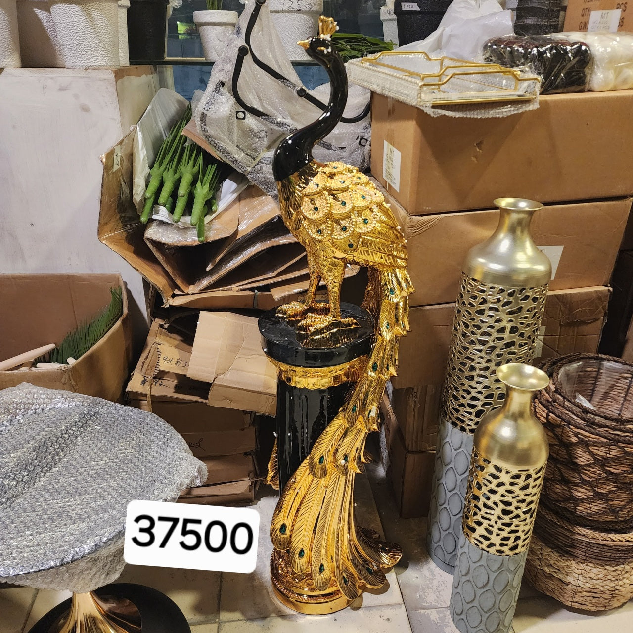 Gold Peacock Statue on Pillar Pedestal