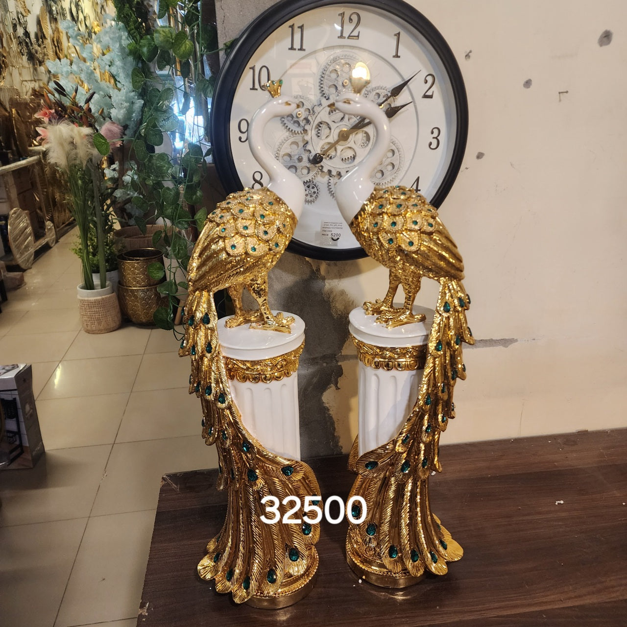 Twin Peacock Pedestal Statues