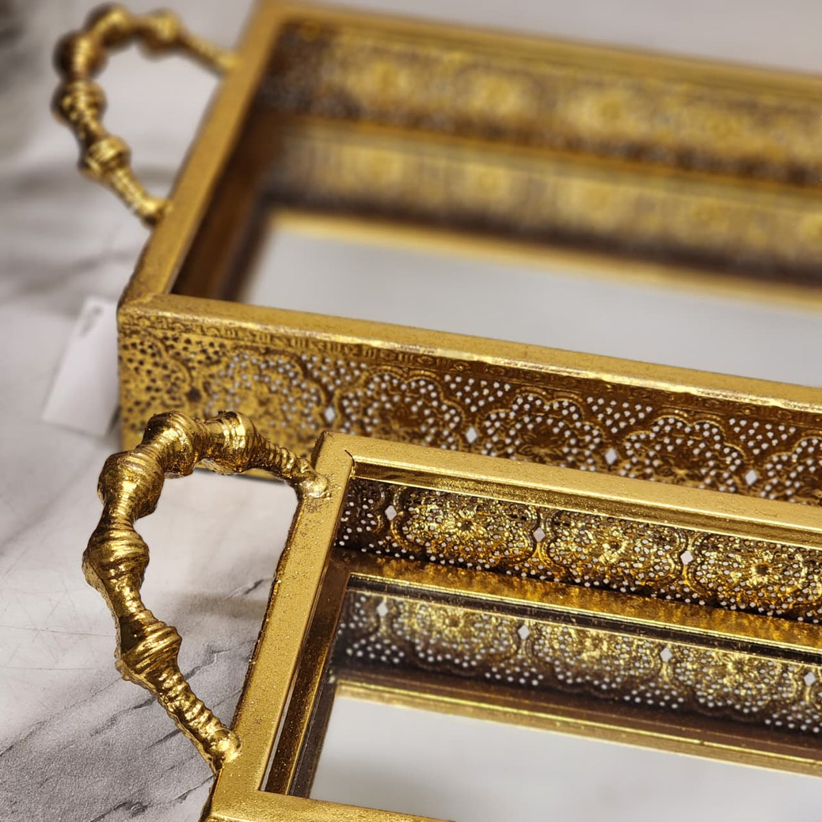 Gold Embossed Mirrored Long Tray Set