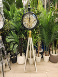Industrial Steampunk Tripod Floor Clock with Exposed Gears