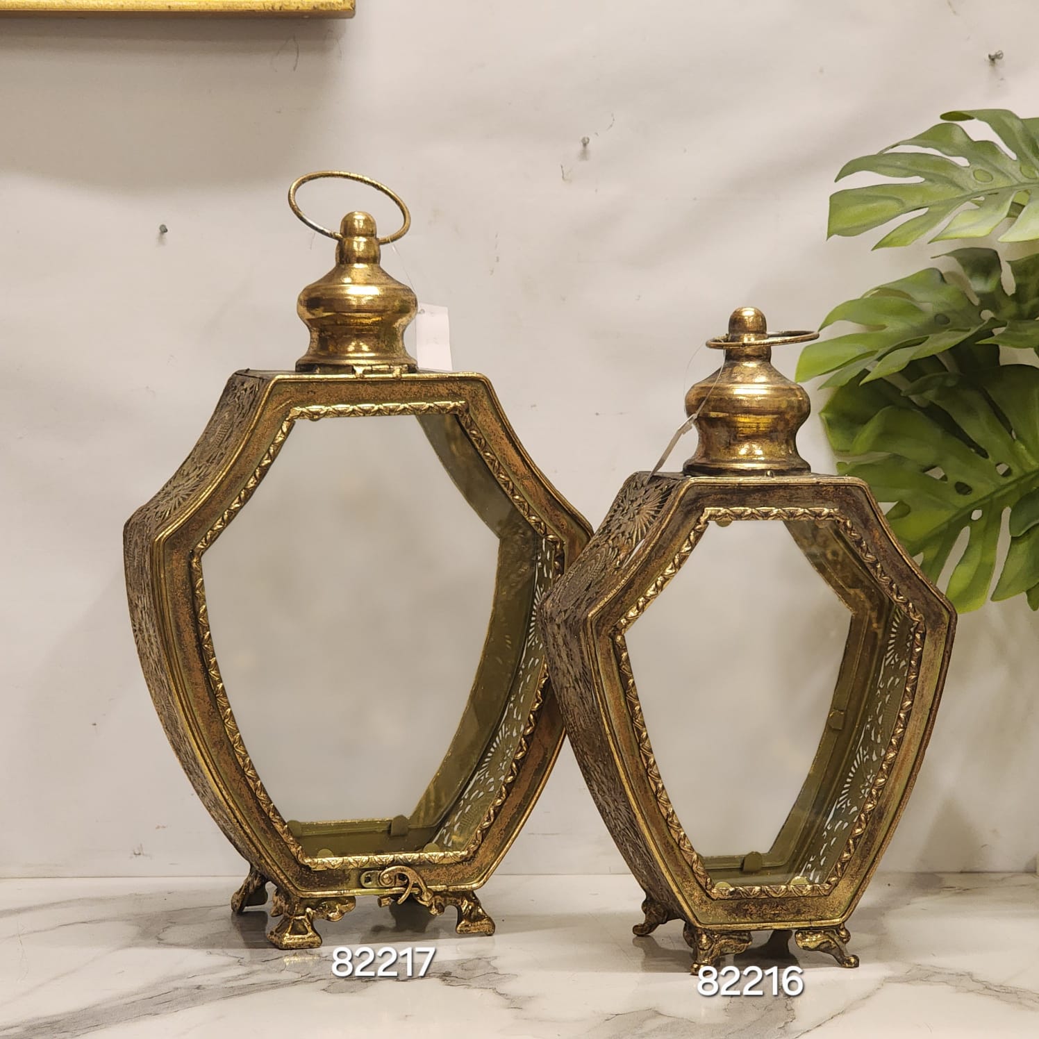 antique-style hexagonal brass lanterns