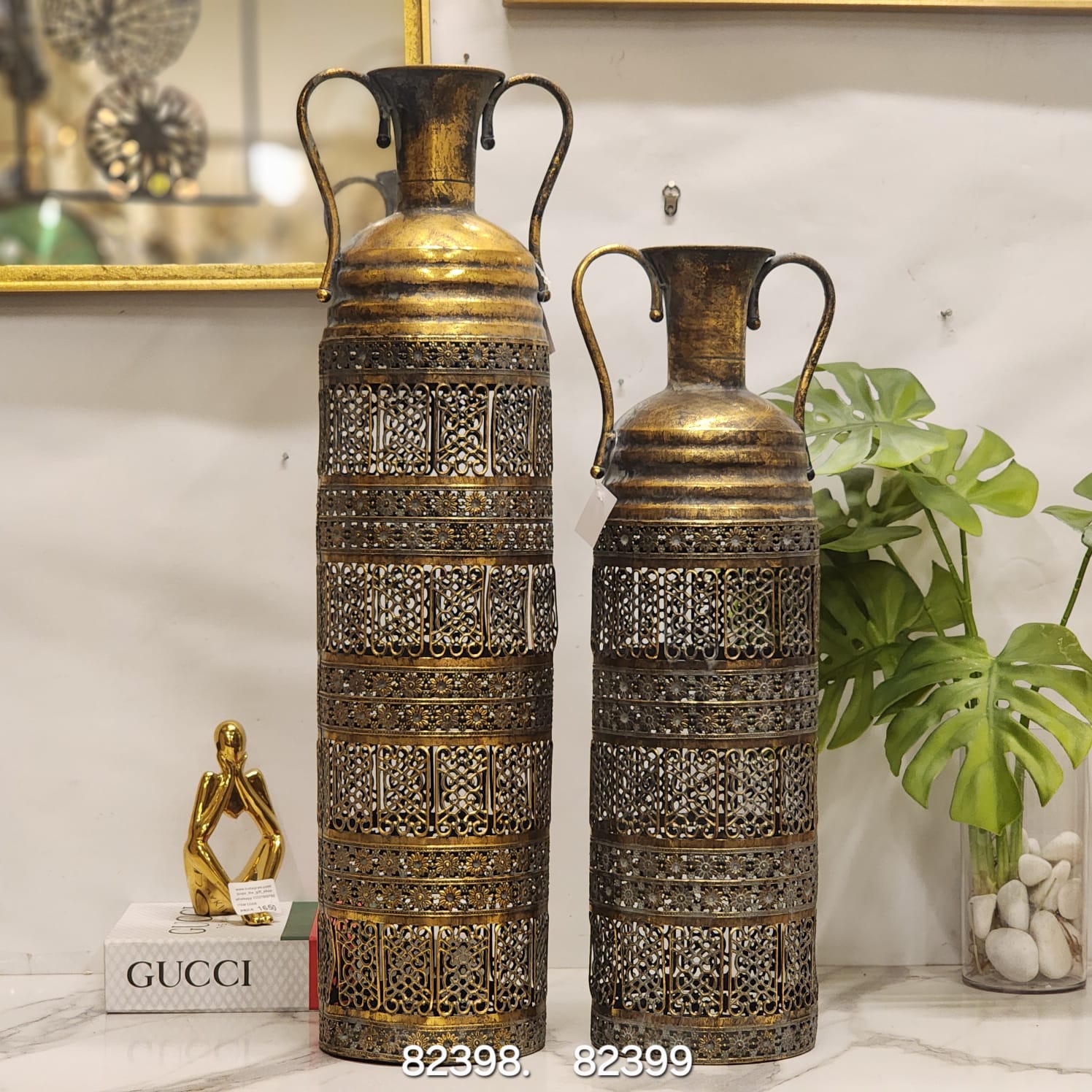Antique Gold Metal Filigree Floor Vases