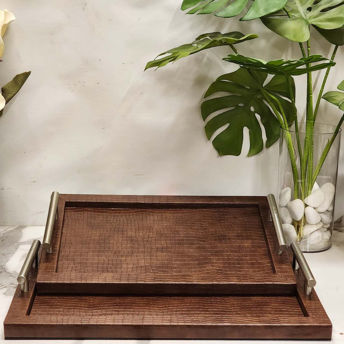 Wooden Serving Tray with Metal Handles