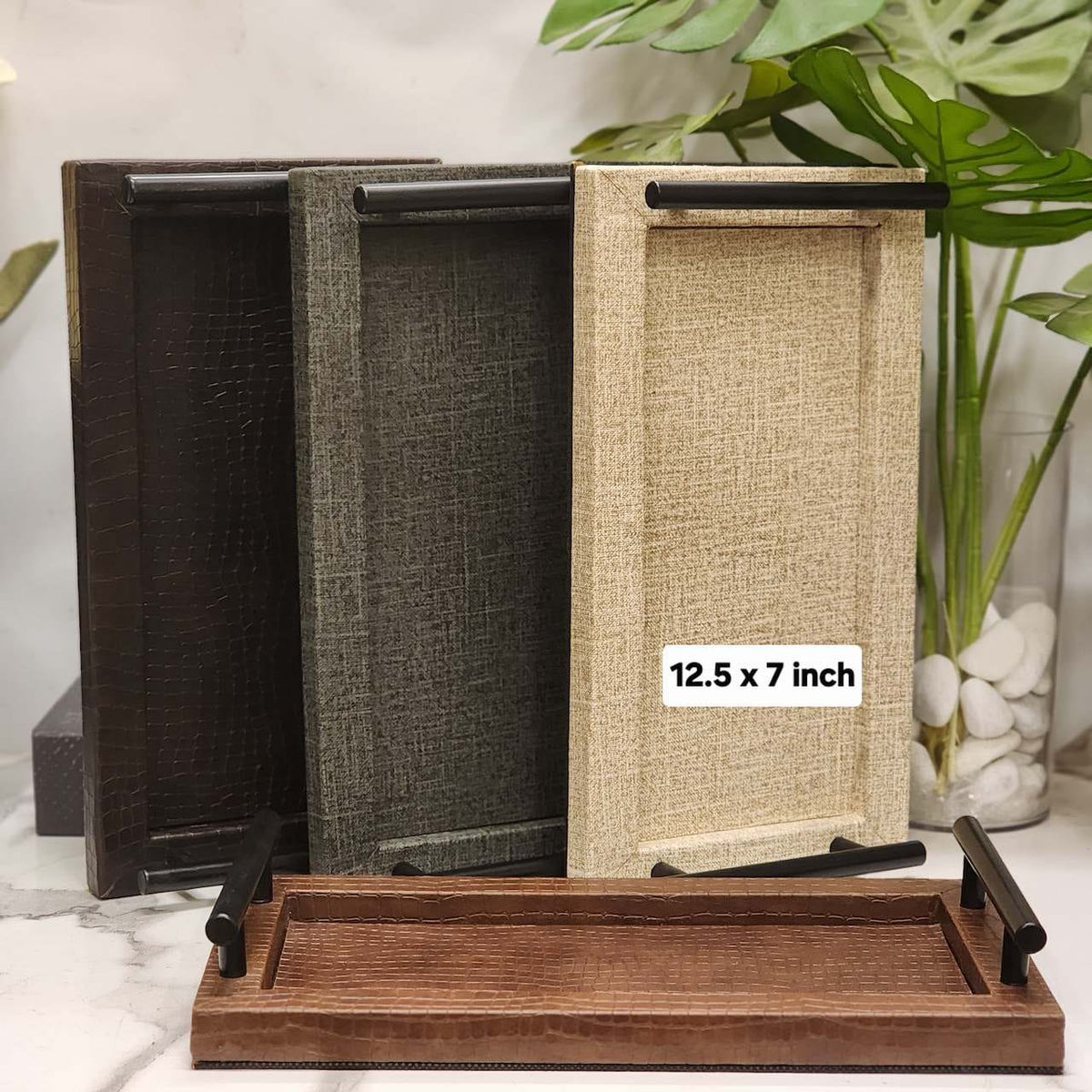 Textured Leatherette Vanity & Serving Trays with Metal Handles