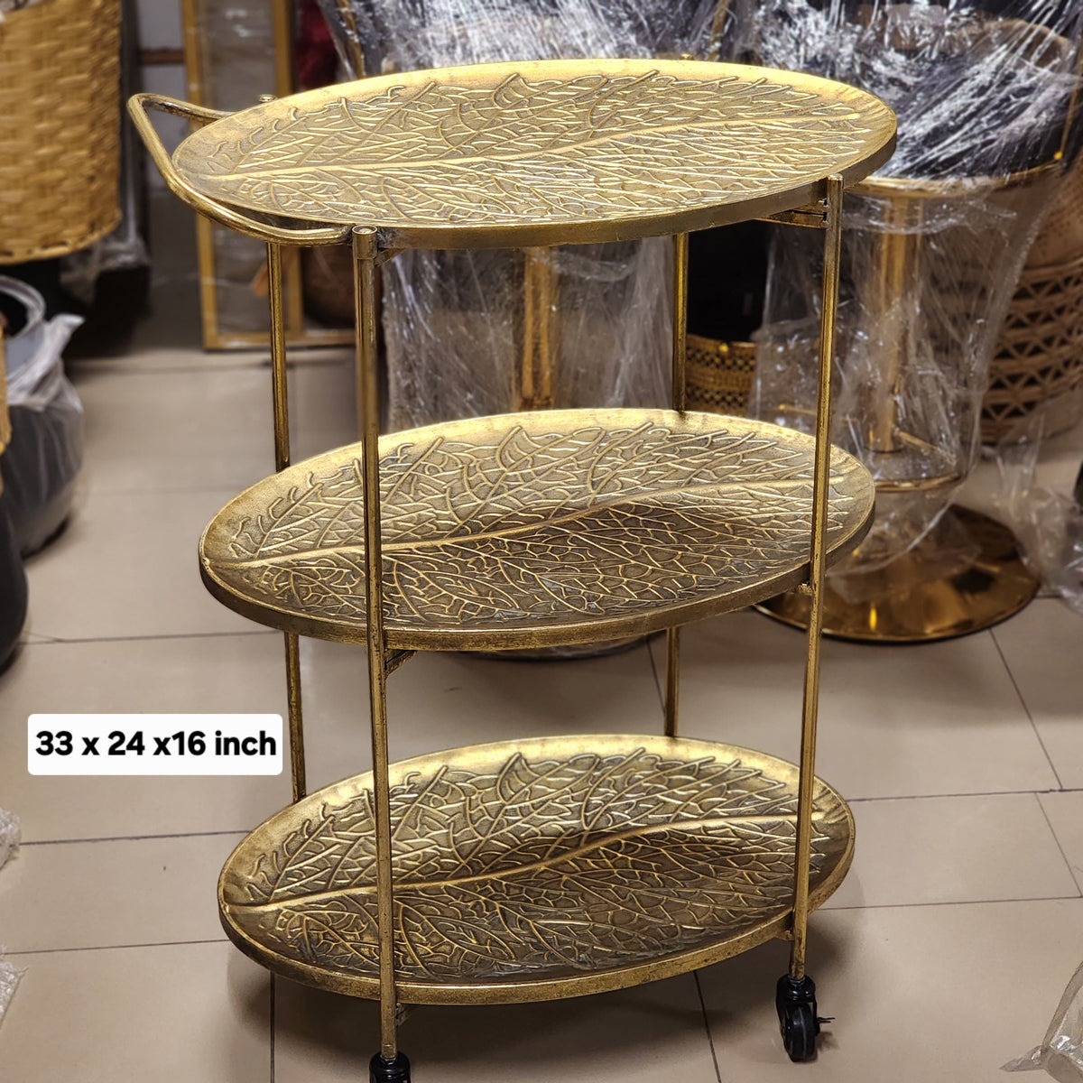 Gold Leaf Embossed 3-Tier Rolling Bar Cart / Serving Trolley
