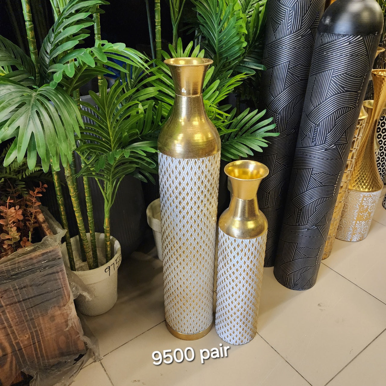 Contemporary Gold and White Lattice Metal Floor Vases