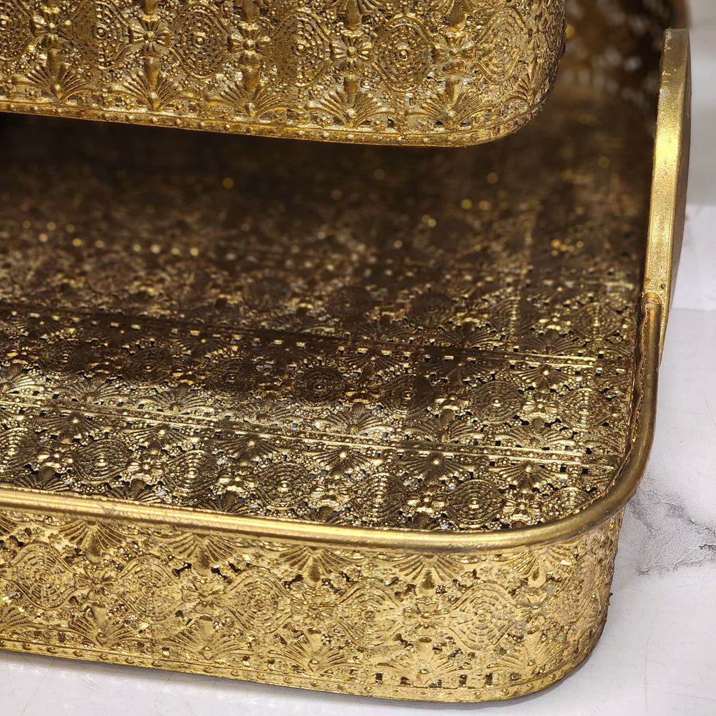 Gold Embossed Decorative Metal Trays with Side Handles
