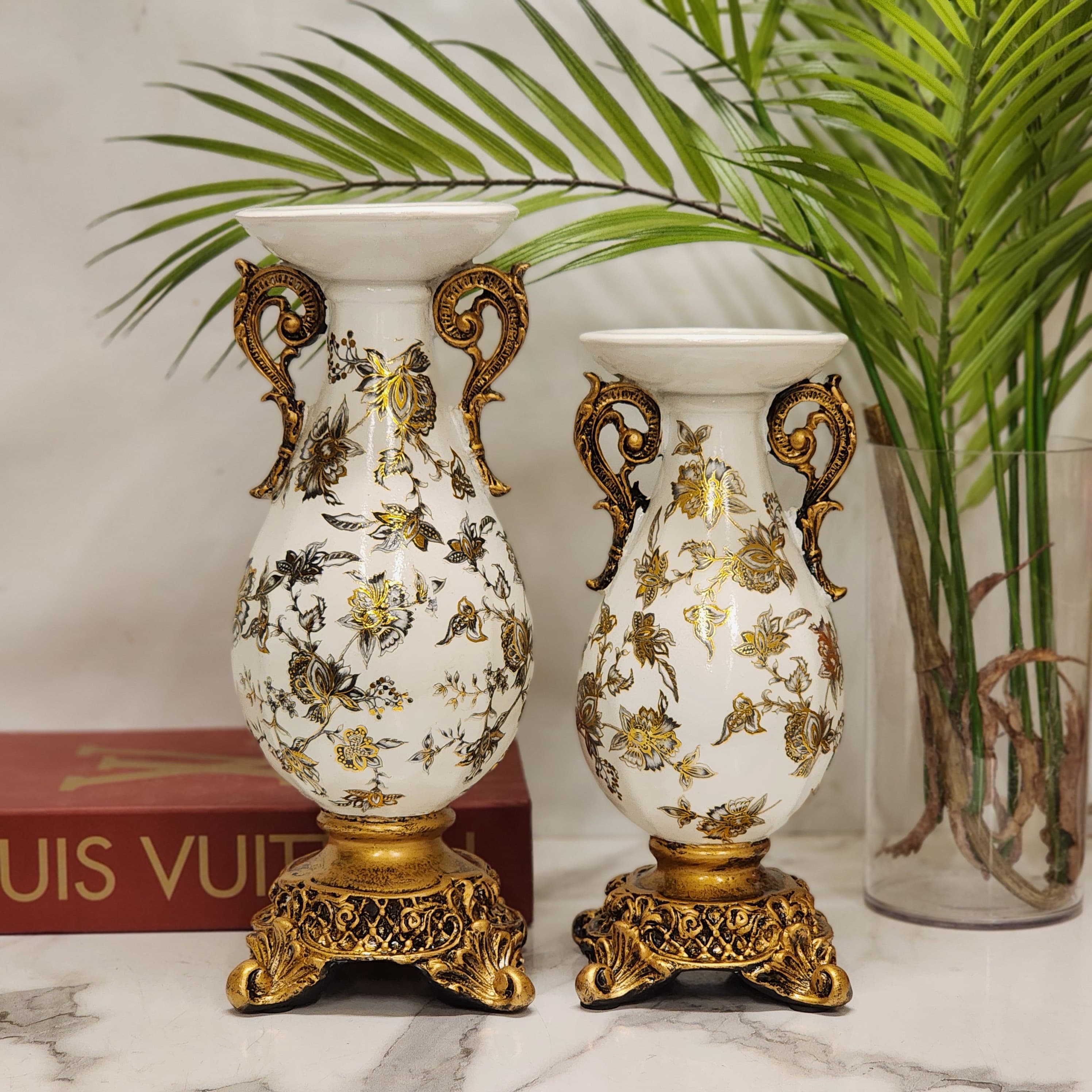 ornate vintage-style ceramic/porcelain urn vases with crackle glaze and ornate scrolled handles