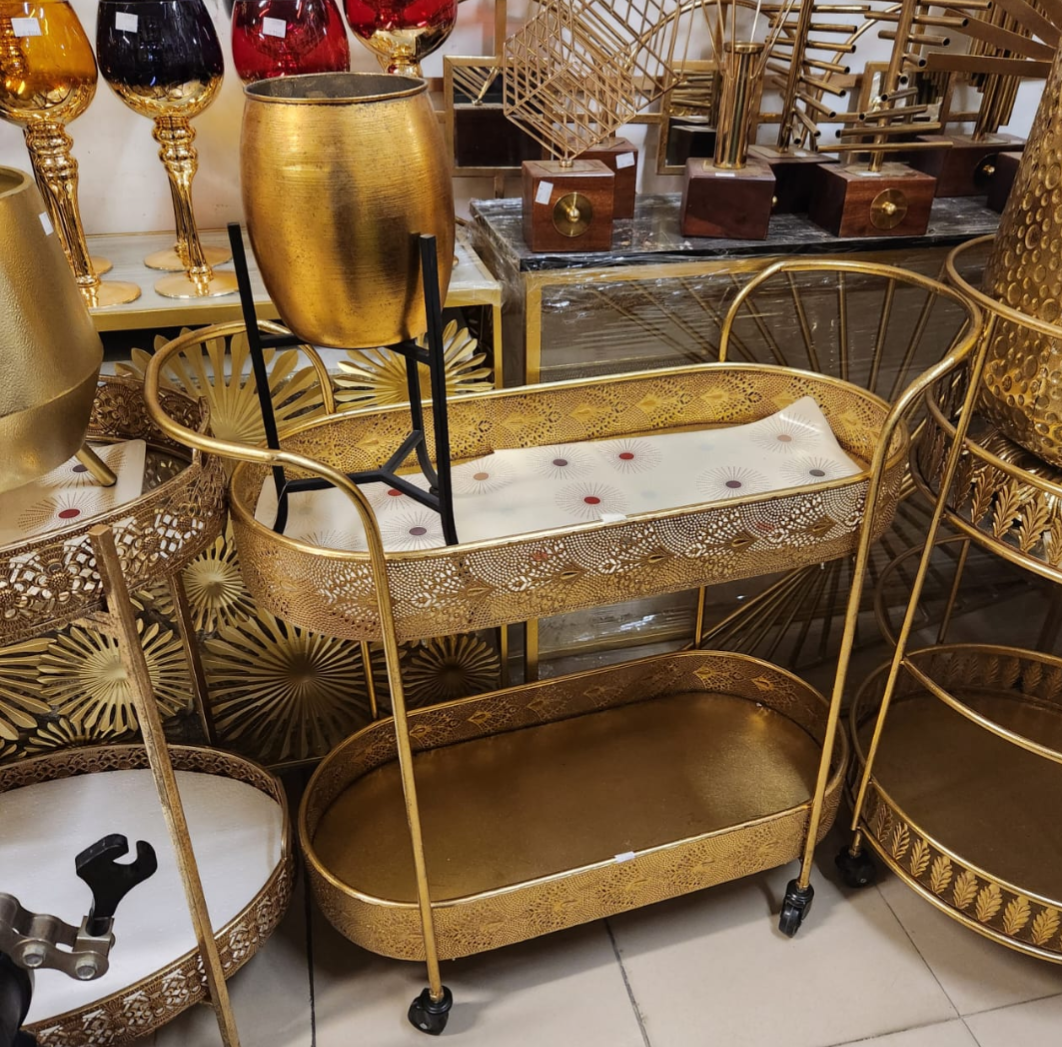 Gold ornate 4-tier rolling bar cart