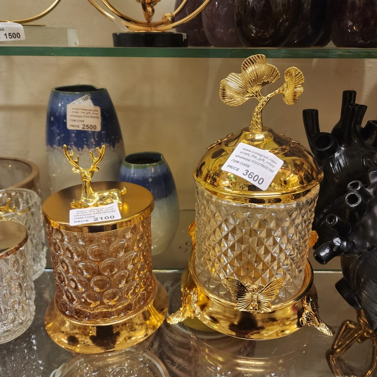 Gold Metal Reindeer Glass Jar and Gold Ginkgo Leaf Crystal Jar