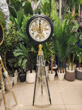 Antique Brass Industrial Tripod Floor Clock with Moving Gears
