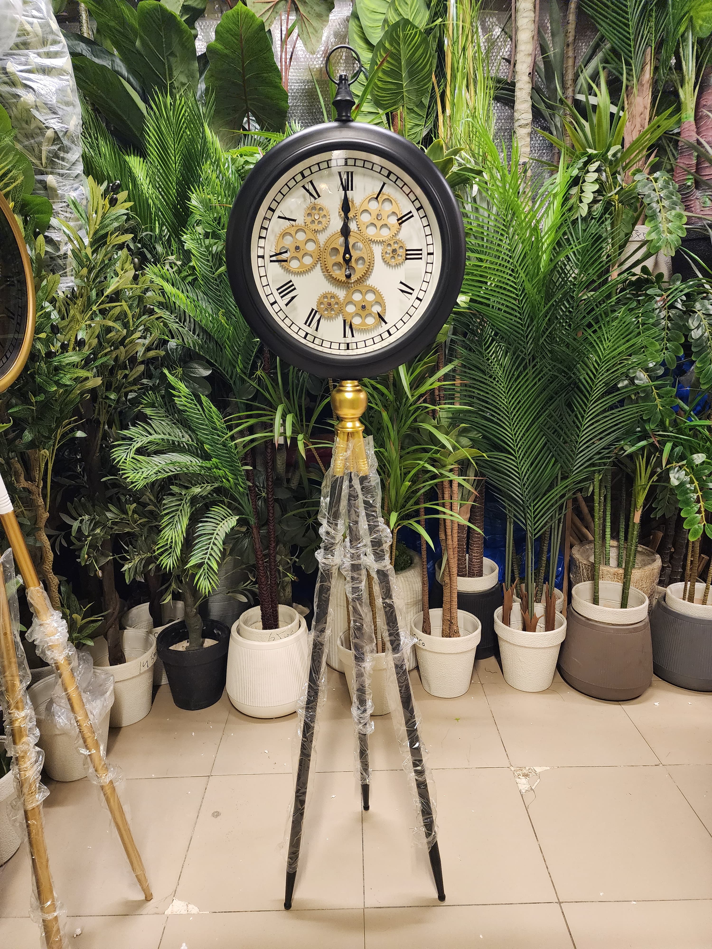 Antique Brass Industrial Tripod Floor Clock with Moving Gears