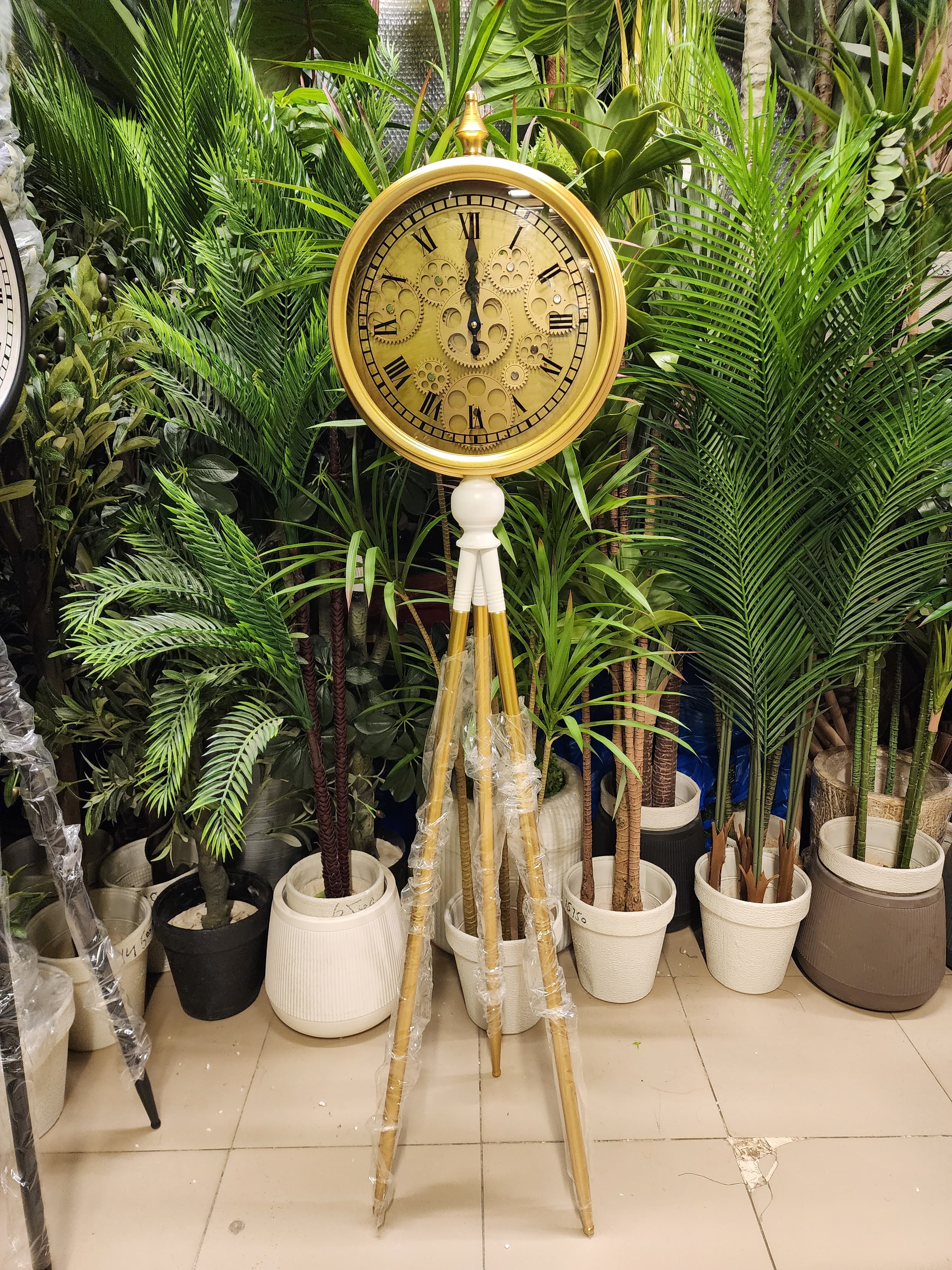 Vintage Industrial Tripod Floor Clock with Exposed Moving Gears