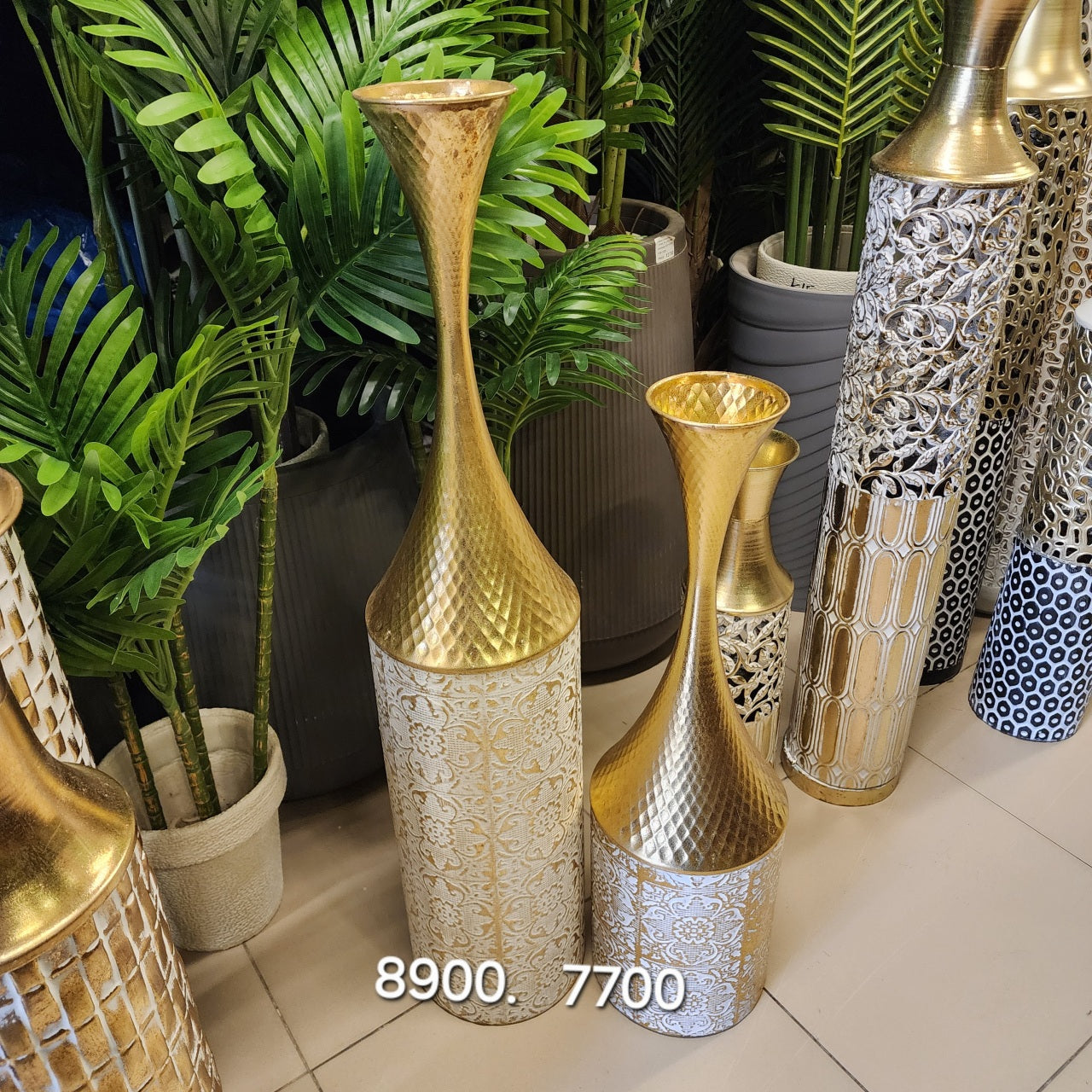 Tall Gold and White Hammered Metal Floor Vases