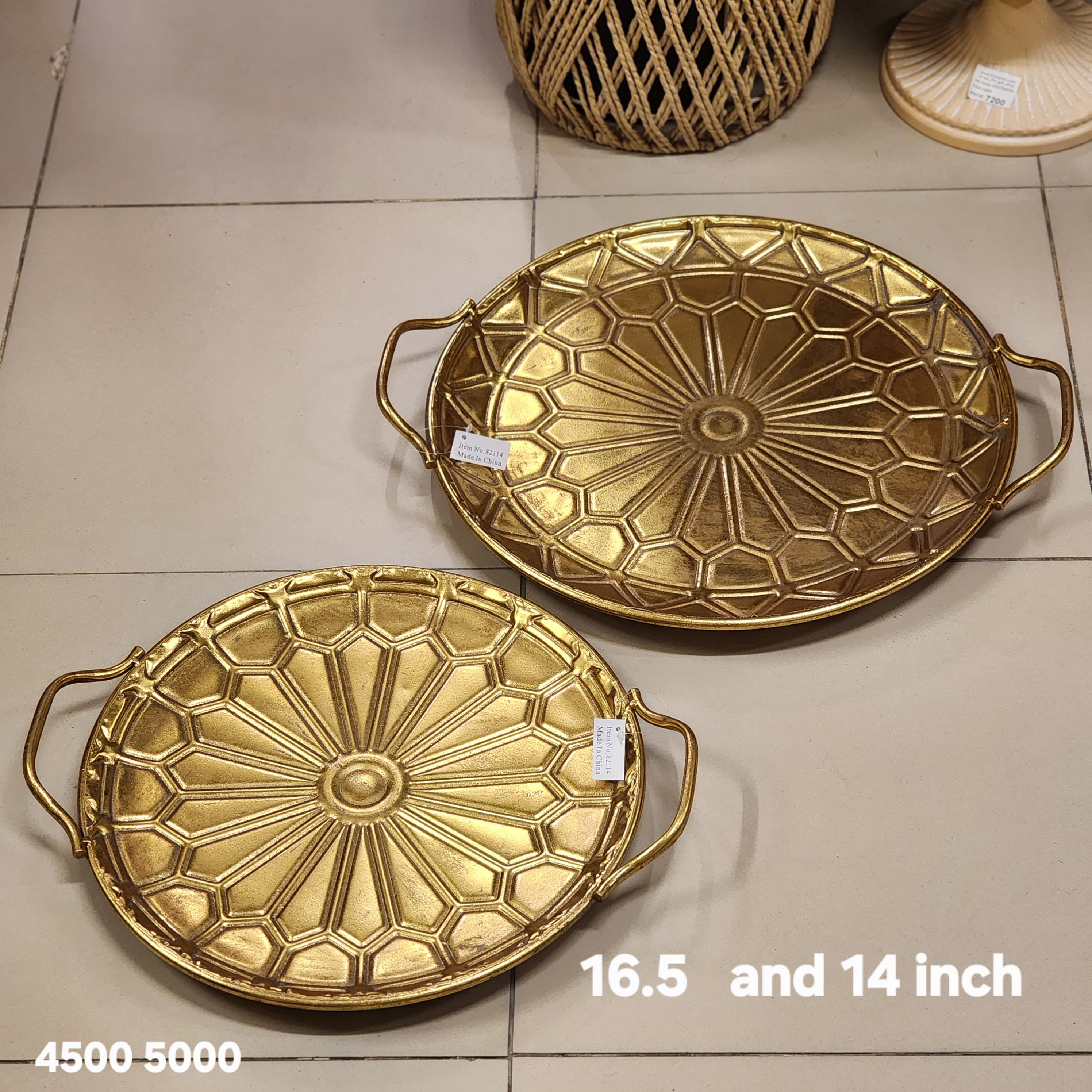 round gold geometric sunburst decorative metal serving tray