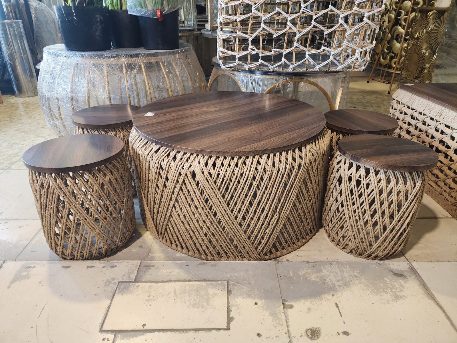 Rope-Wrapped Nesting Coffee Table Set