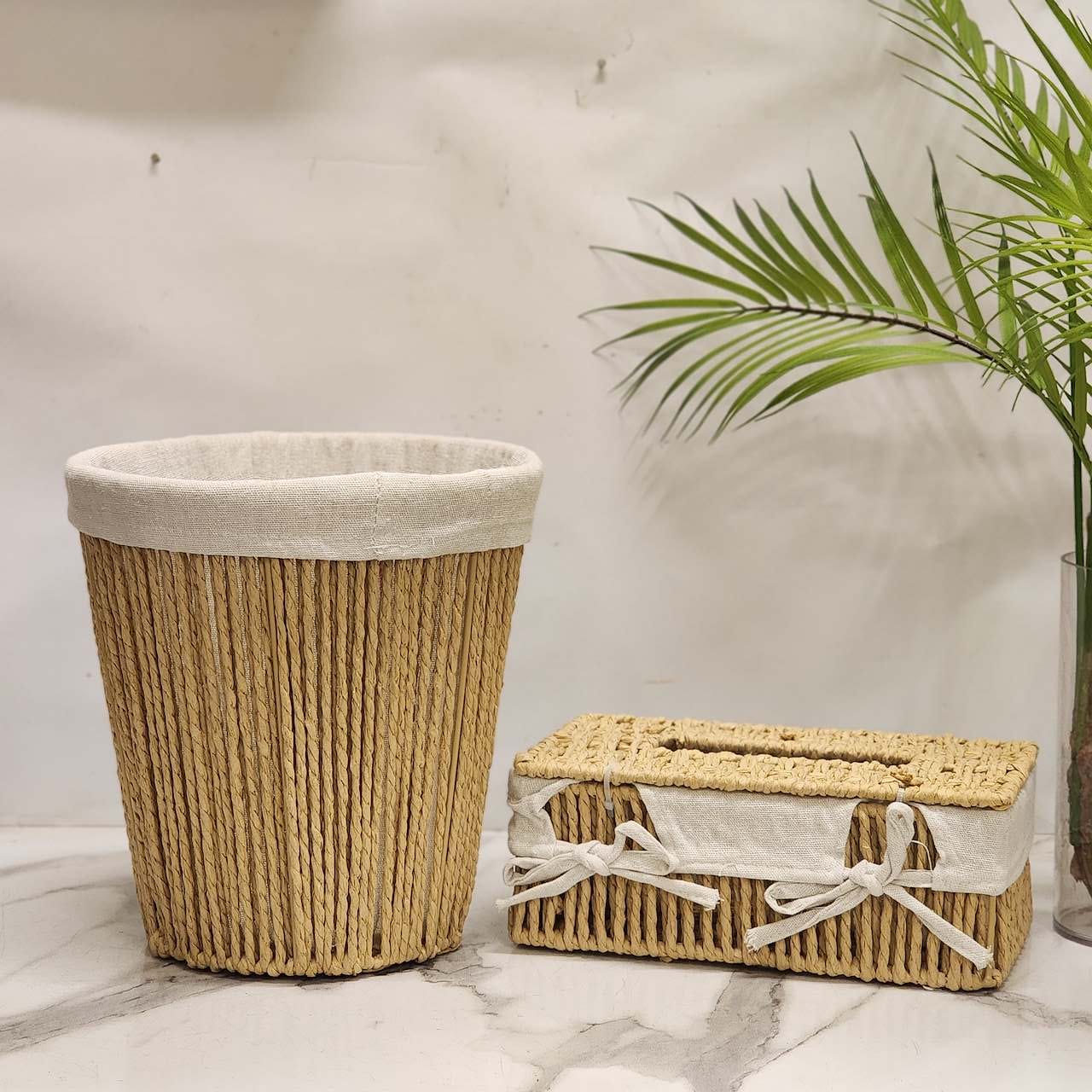 Handwoven Jute & Seagrass Trash Can and Tissue Box Cover Set