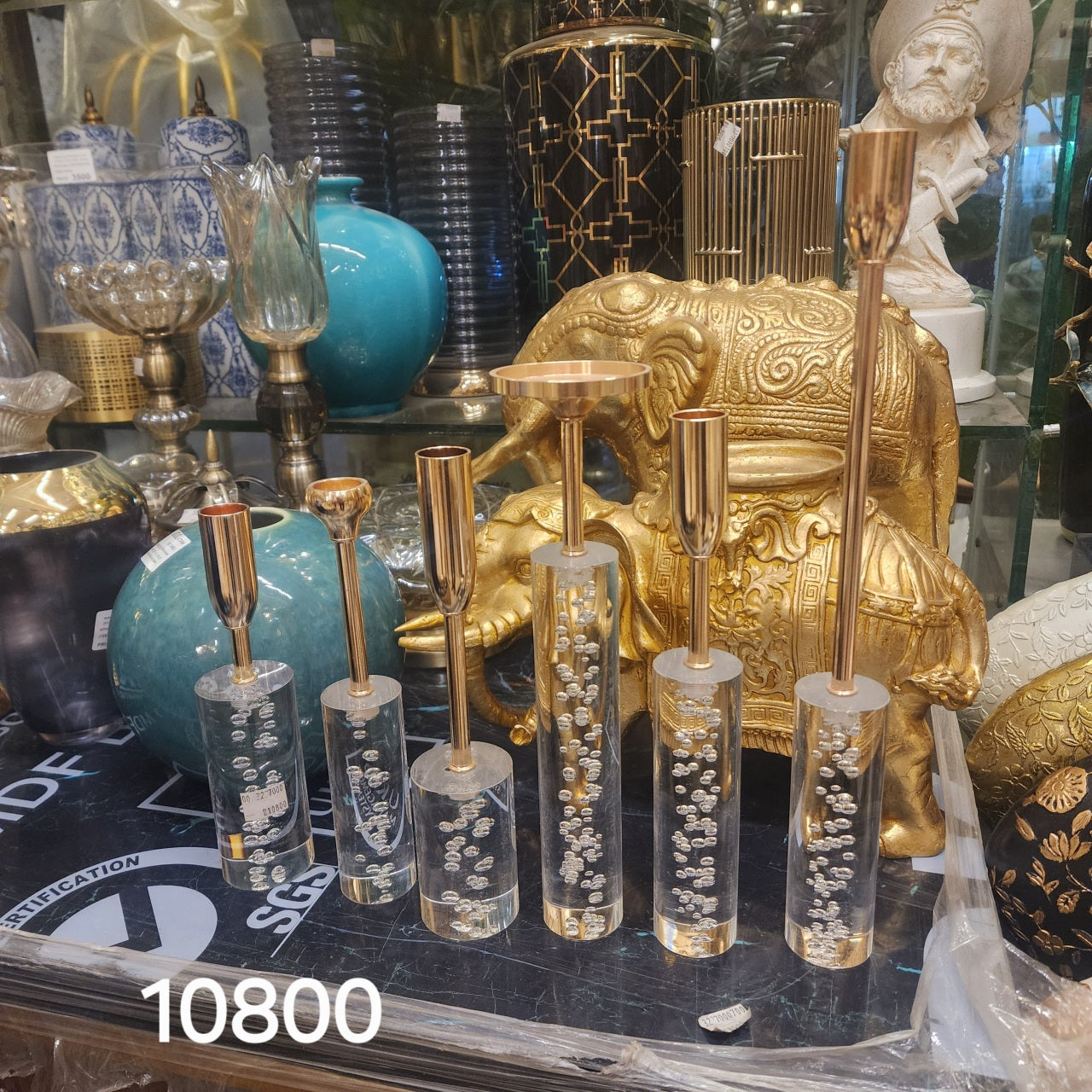 Acrylic and Gold Metal Candle Holder Set.