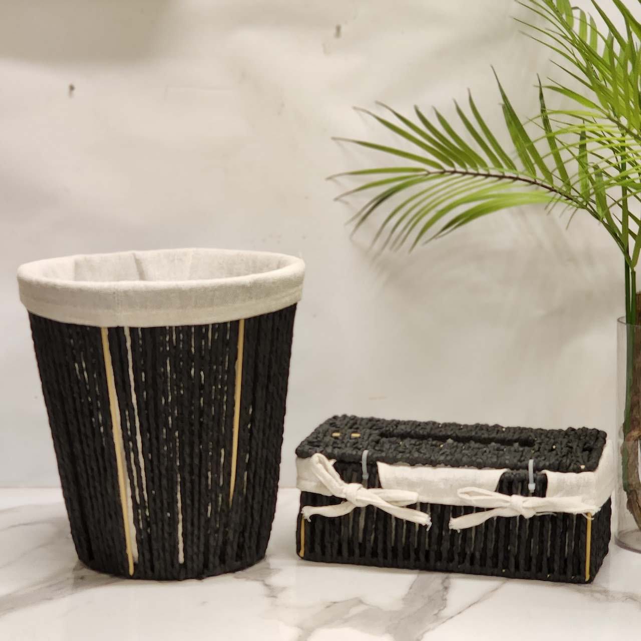Handwoven Jute & Seagrass Trash Can and Tissue Box Cover Set