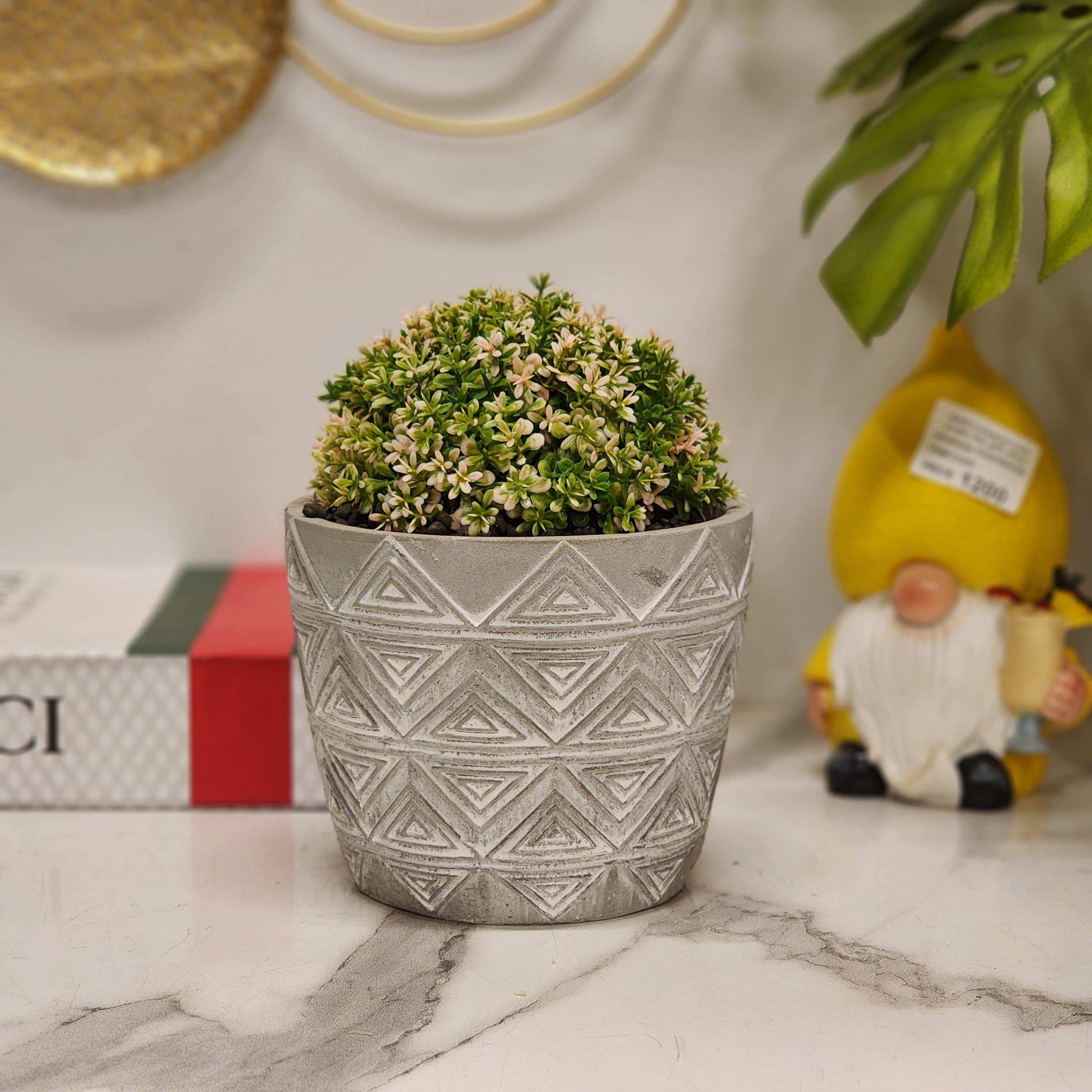 Faux Boxwood Topiary Ball in a Geometric Triangle Concrete Planter