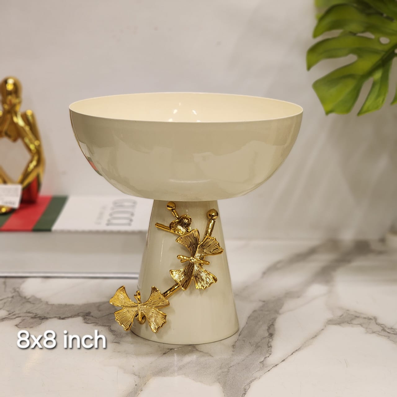 Luxury Cream Pedestal Fruit Bowl with Golden Butterfly Accents